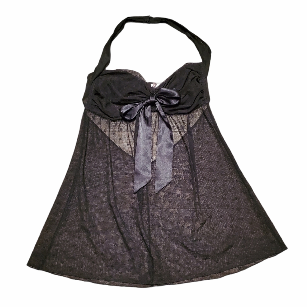 Vintage Victoria's Secret S Hearts Black Mesh Lingerie Babydoll Sheer Dr…